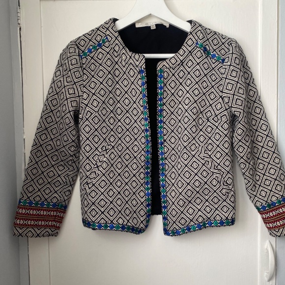 LOVERS + FRIENDS Jacket Small Manta Diamond Weave Embroidered Cropped Open Black - Picture 4 of 5